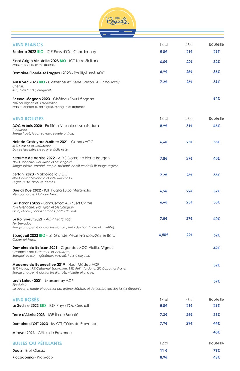 Chez Coquille menu 2