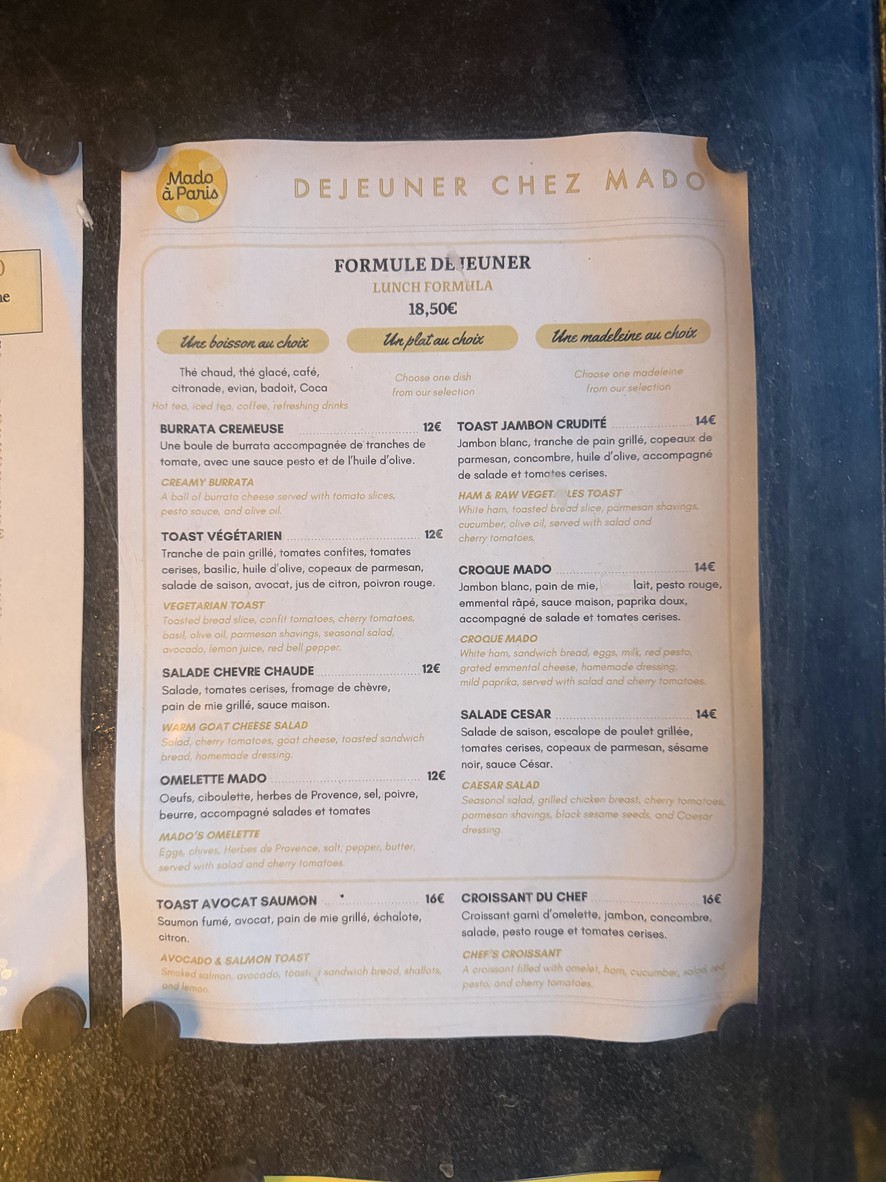 Mado à Paris menu 1