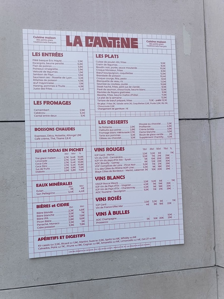 La Cantine Lourmel menu 1