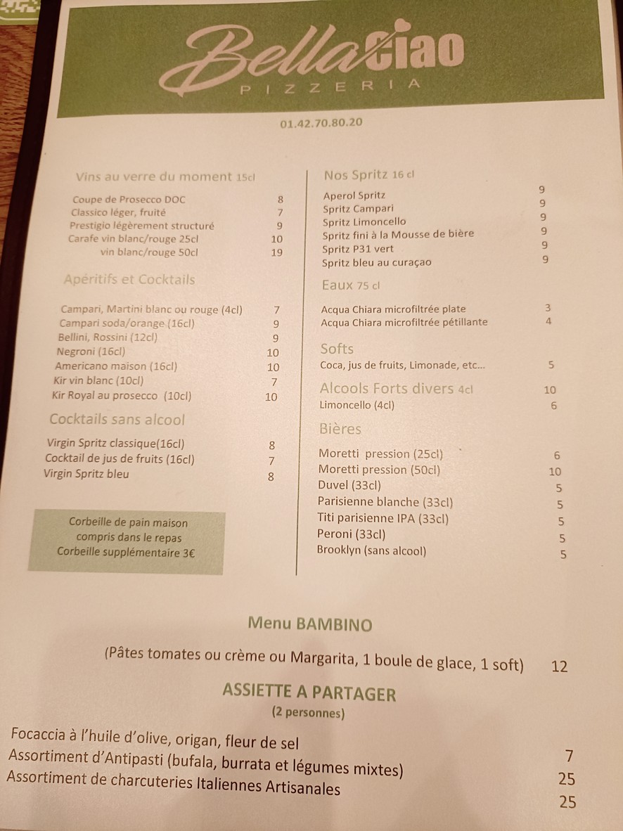 BELLA CIAO Pizzeria menu 1