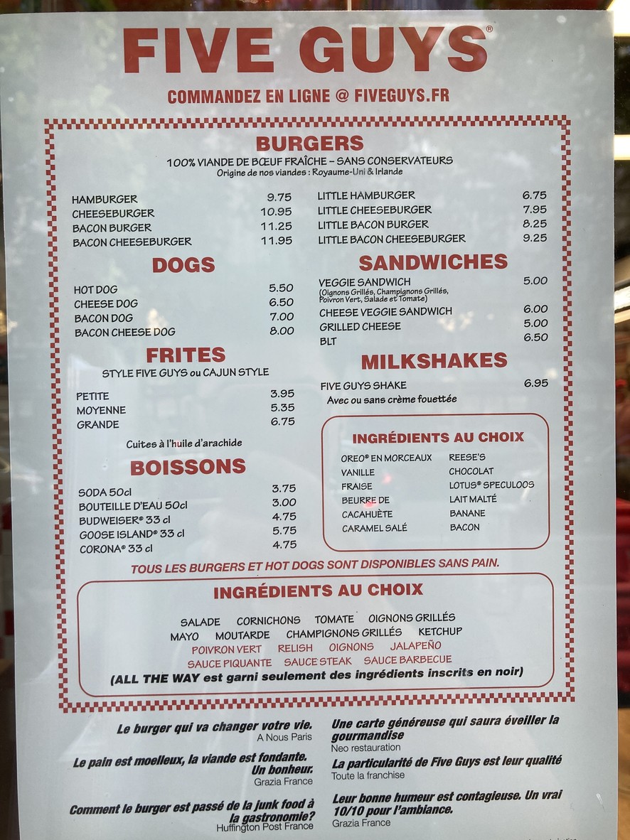 Five Guys Burgers and Fries Opéra menu 1