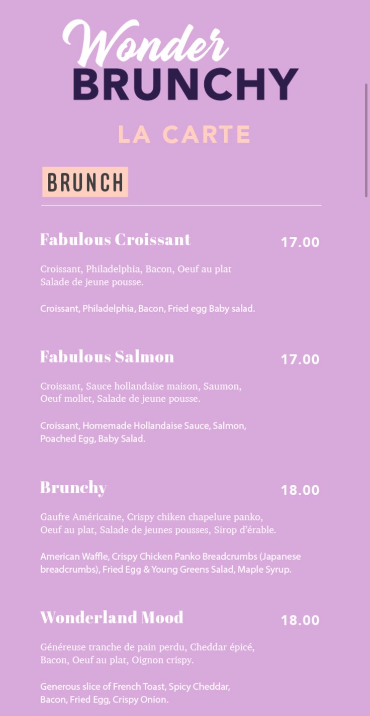 Wonderland brunchy Notre Dame/ Restaurant Brunch menu 1