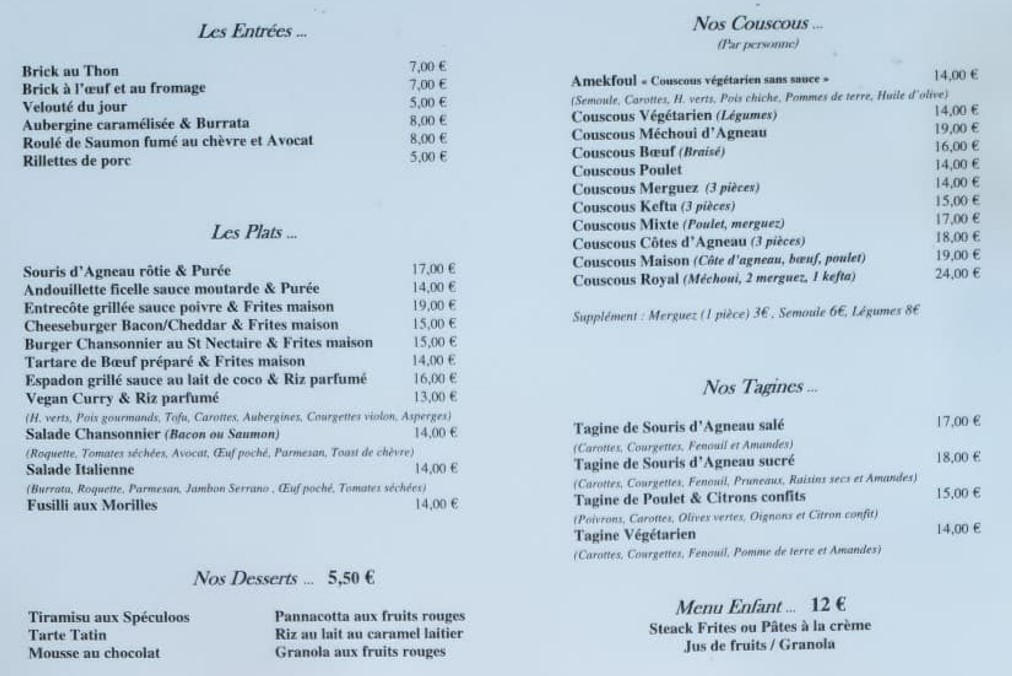 Le Chansonnier menu 1