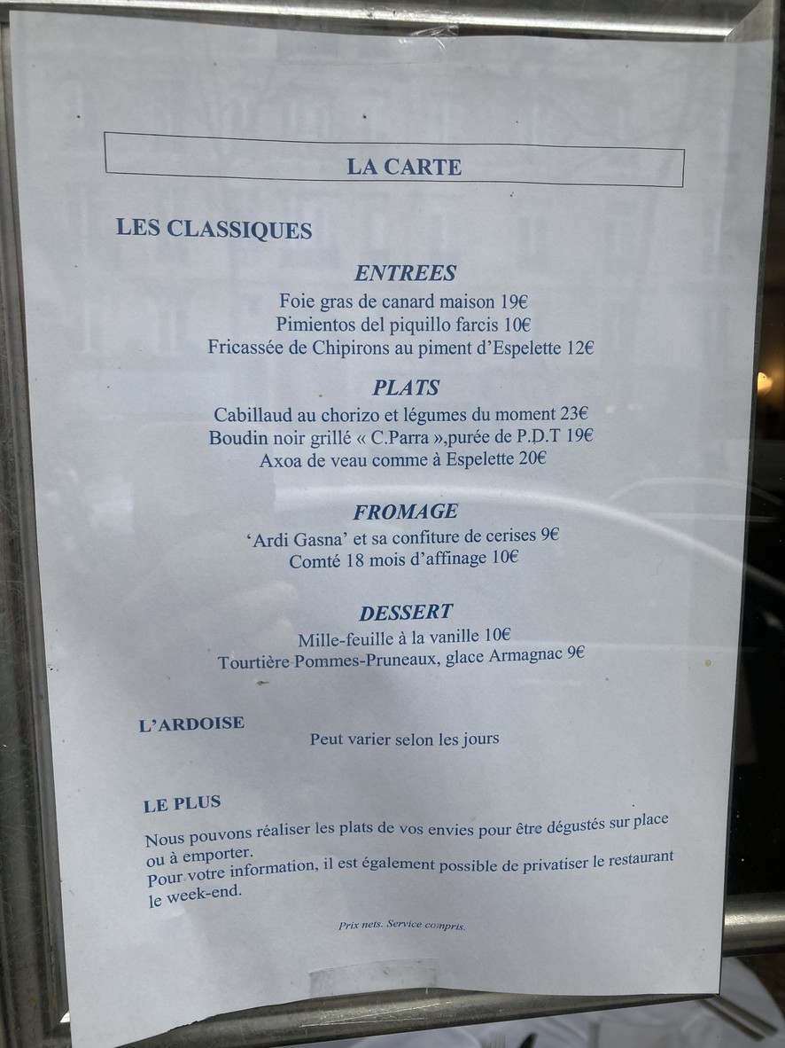 Au Bascou menu 1