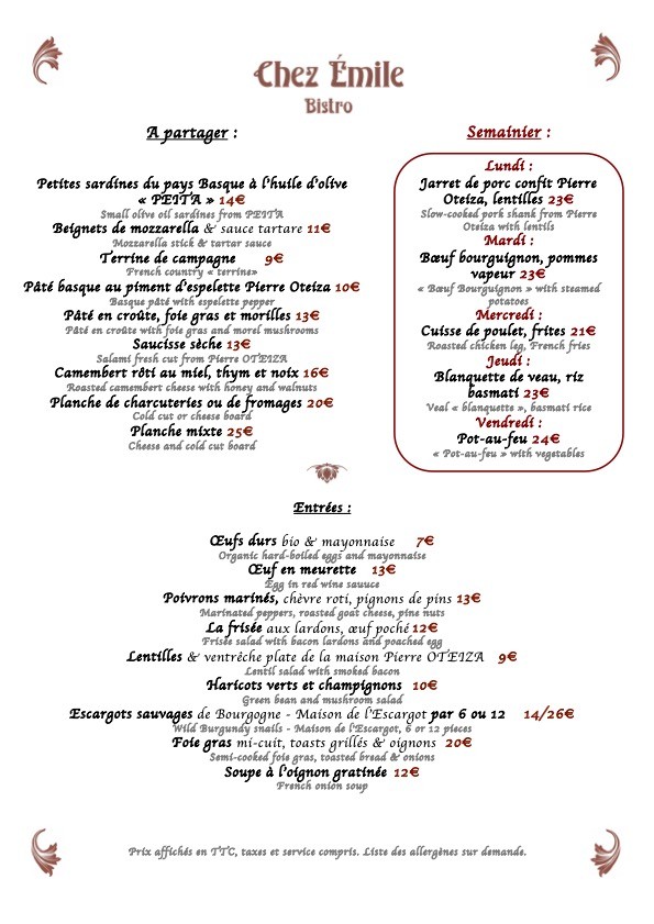 Chez Emile Bistro menu 1