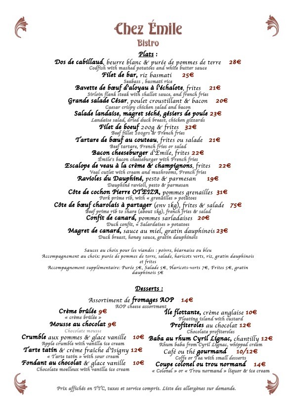 Chez Emile Bistro menu 2