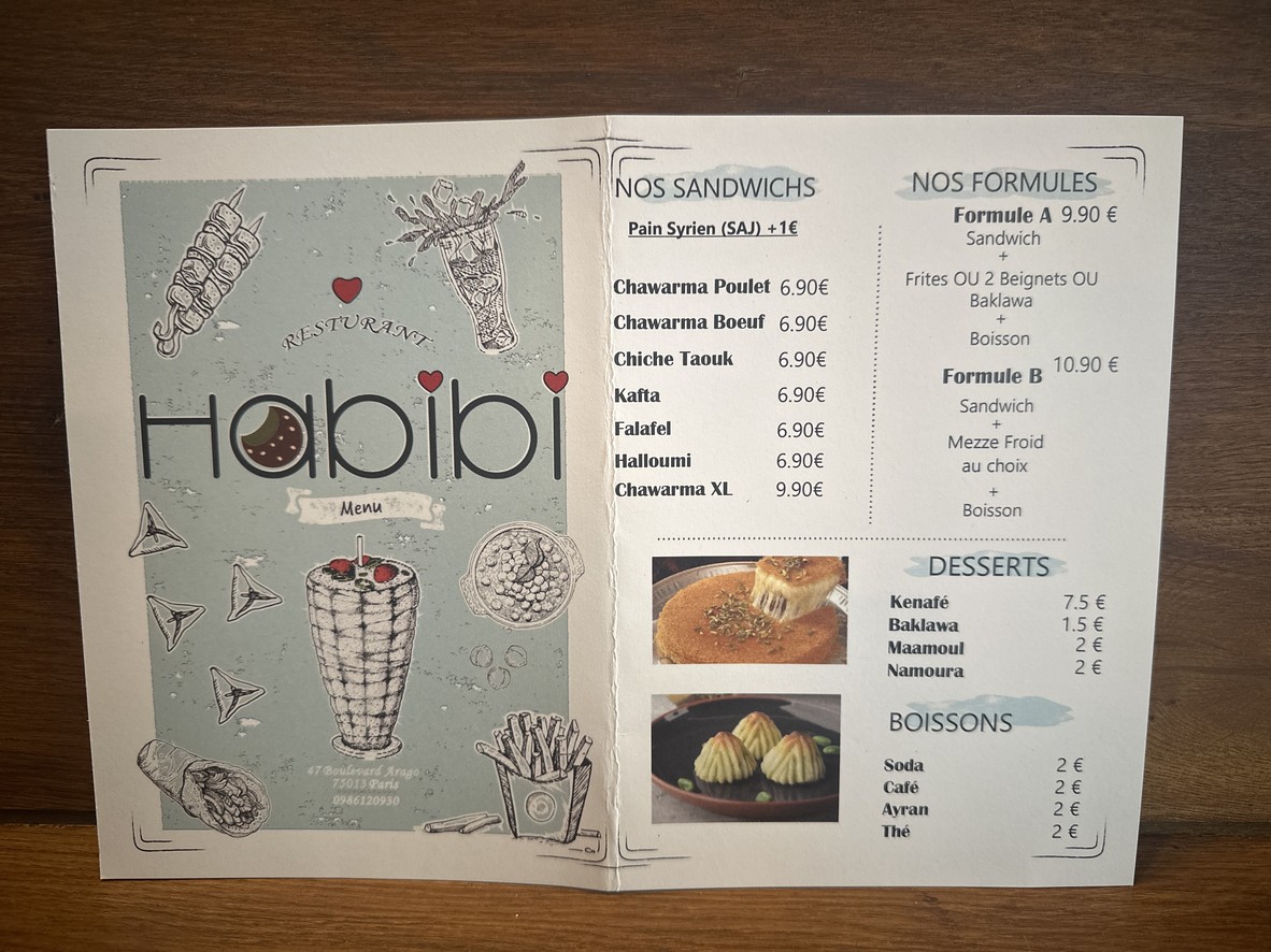 Habibi Restaurant (Traiteur Syrien) menu 1
