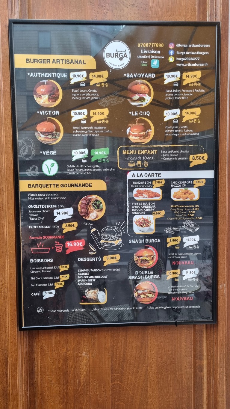 BURGA Burgers menu 1