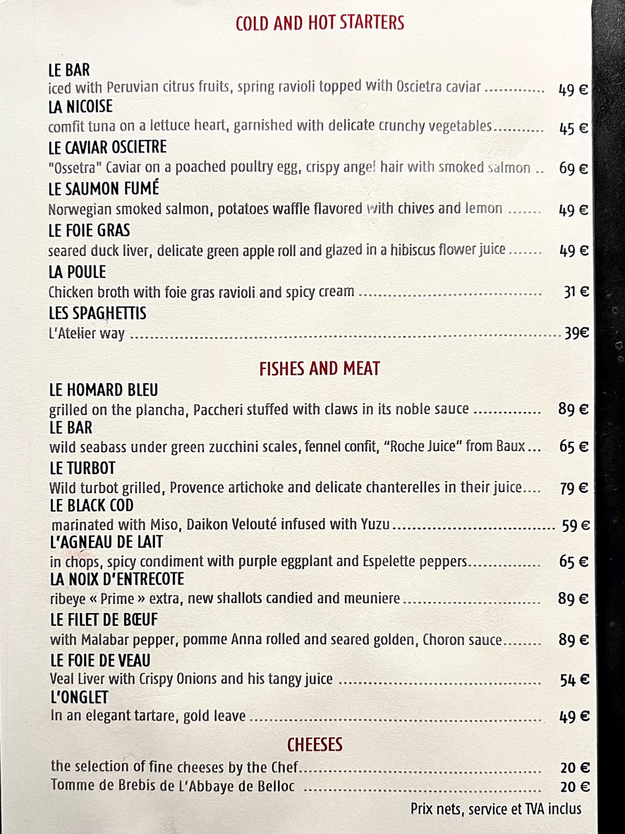 L'Atelier de Joël Robuchon menu 2