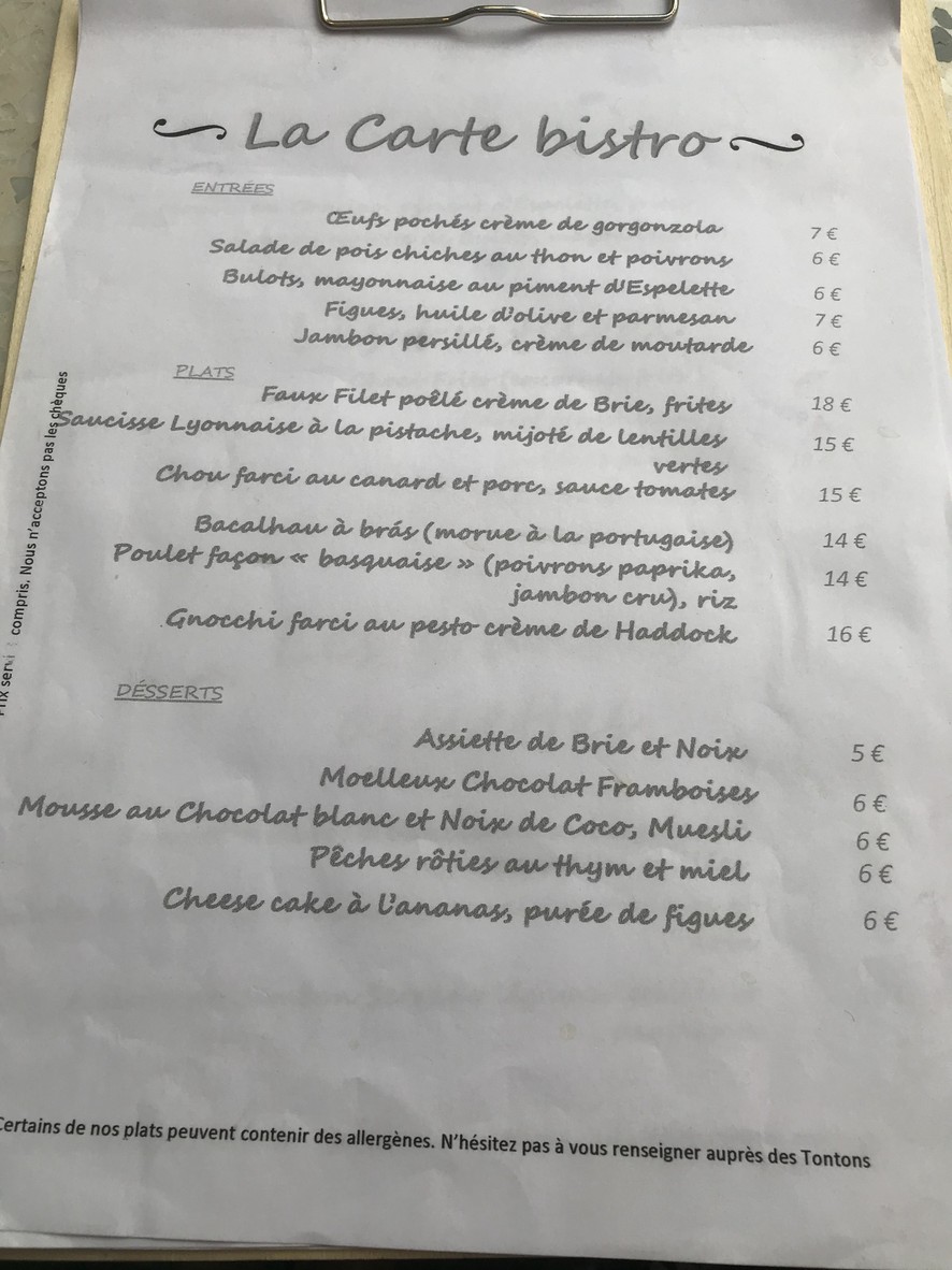 LES TONTONS menu 1