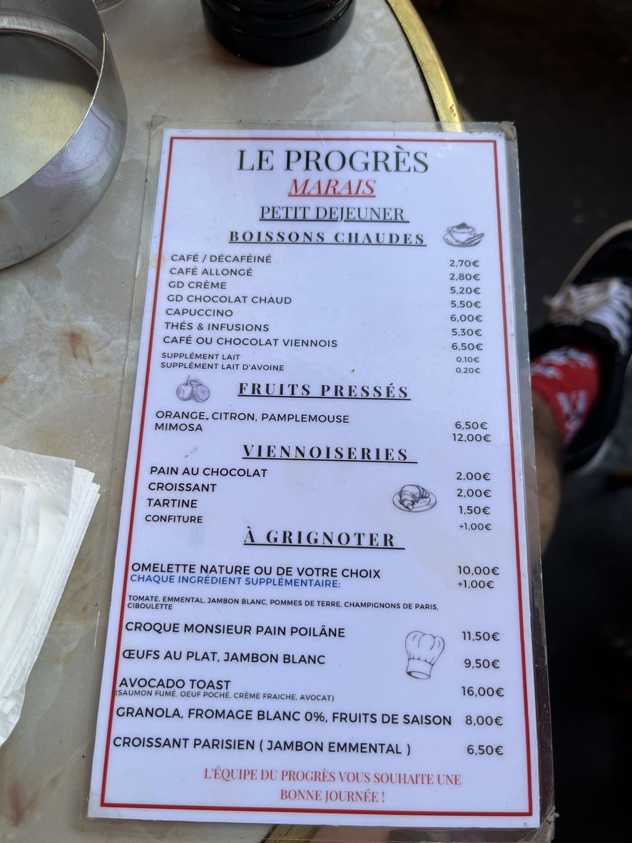 Le Progrès Marais menu 1