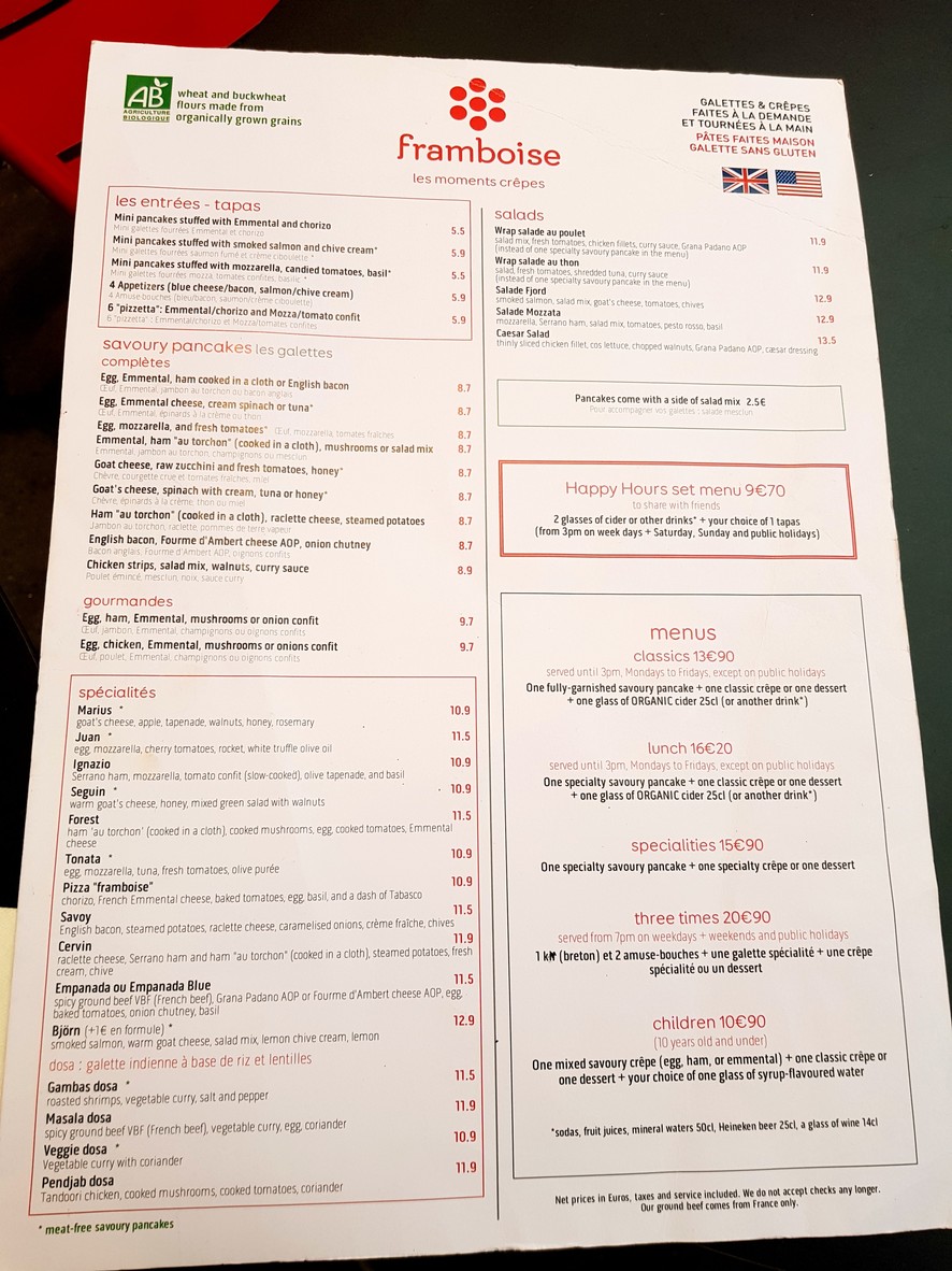 Crêperie framboise Passy Trocadéro menu 1