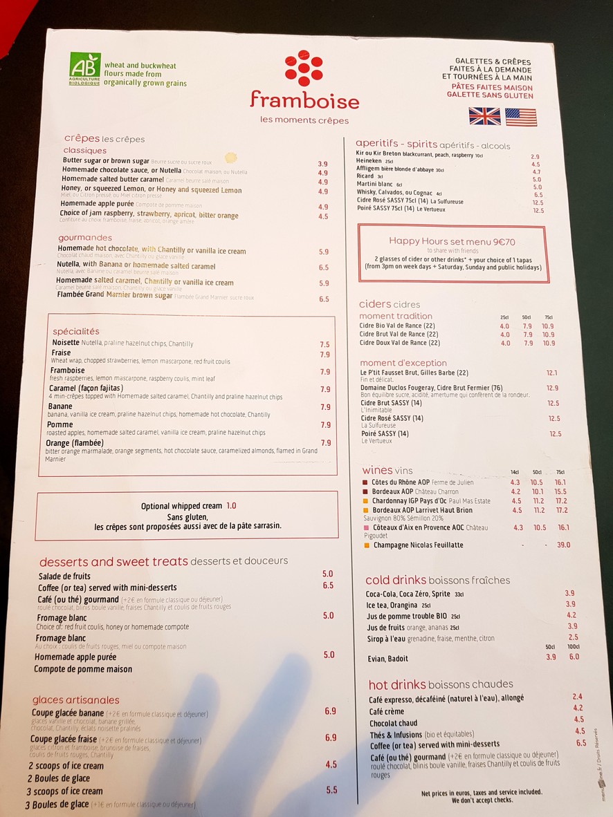 Crêperie framboise Passy Trocadéro menu 2