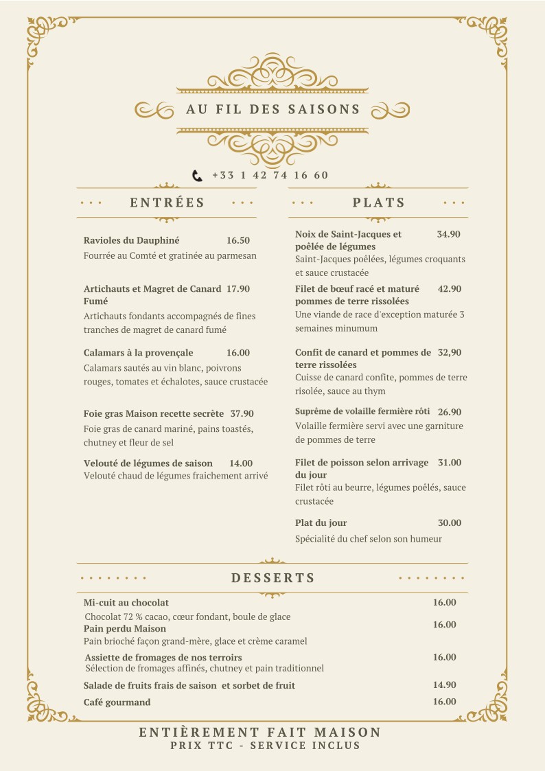 Au Fil des Saisons menu 1