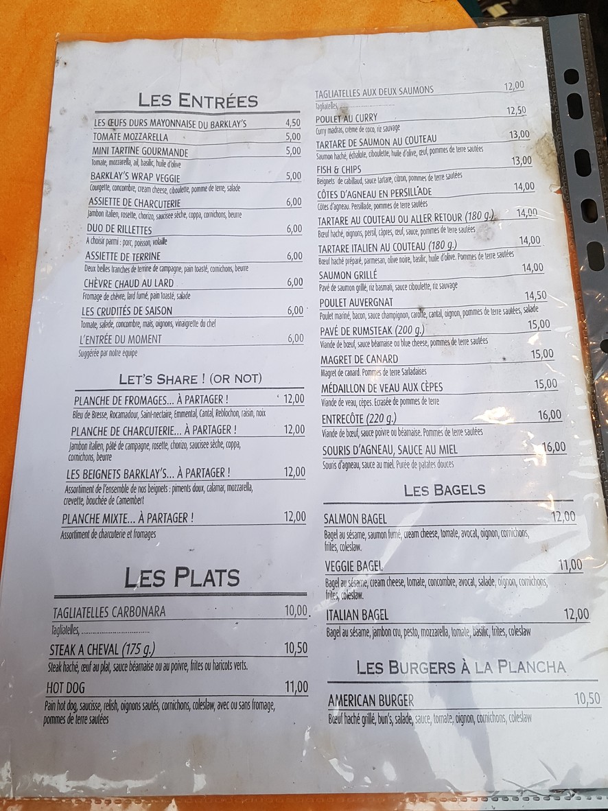 Barklay's menu 1