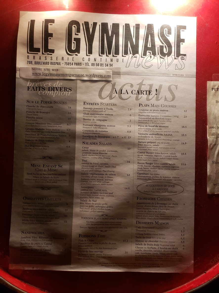 Le Gymnase Montparnasse menu 1