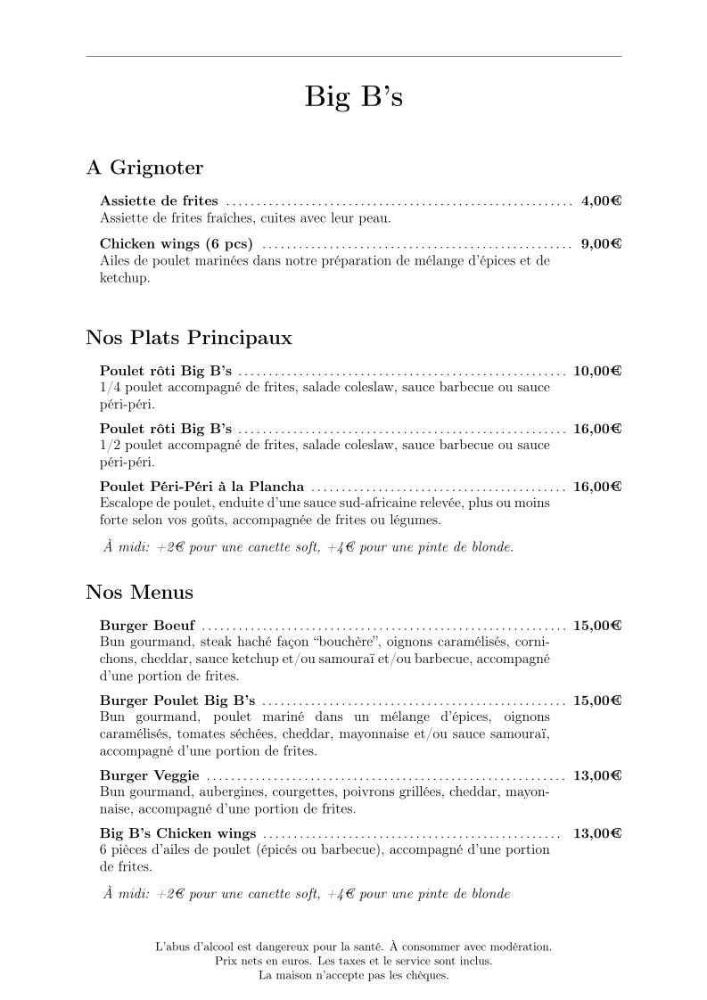 Big B's menu 1