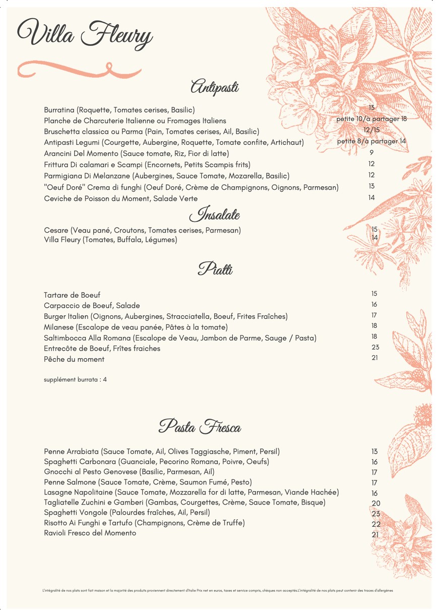 Villa Fleury menu 1