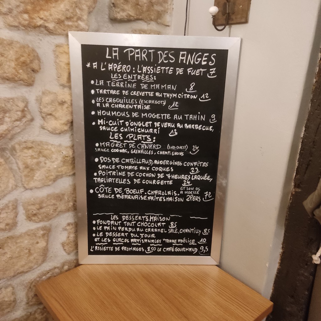 La Part des Anges menu 2
