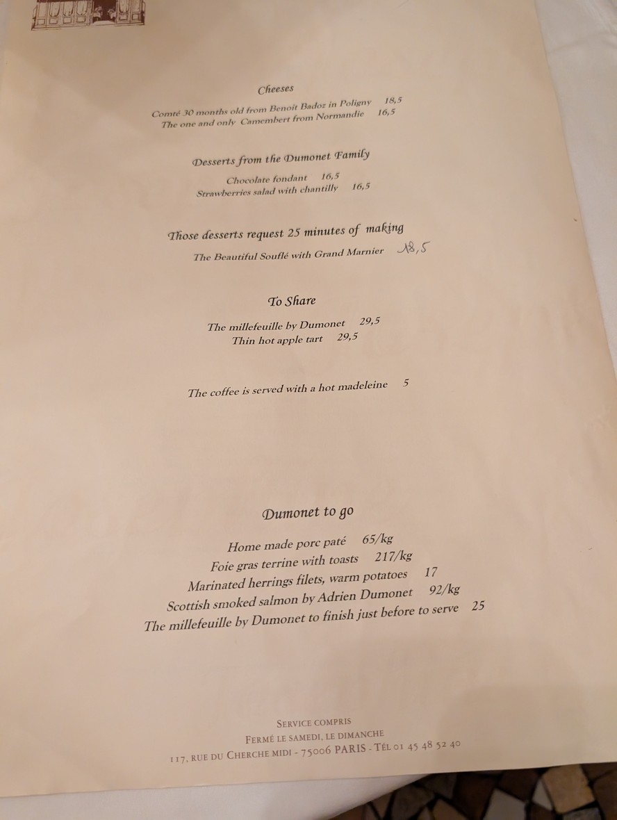 Joséphine Chez Dumonet menu 2