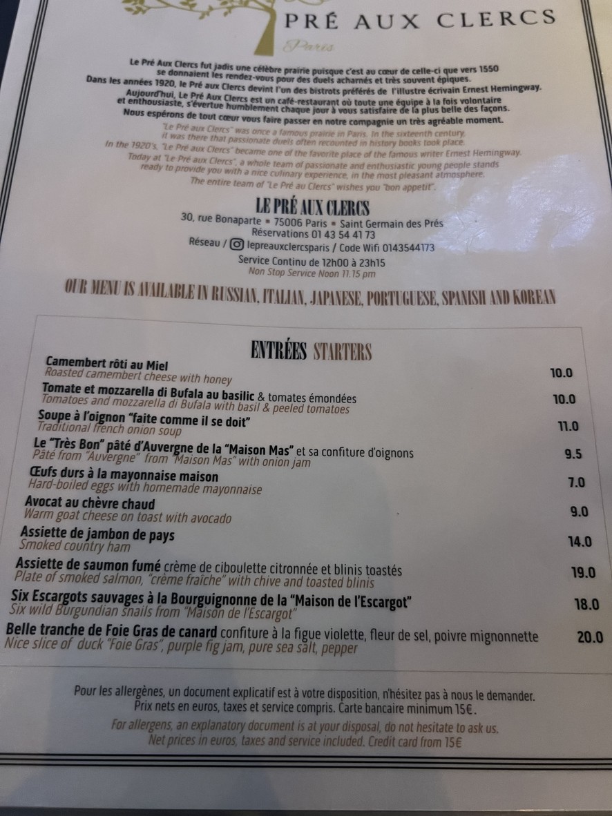 Le Pré aux Clercs menu 1