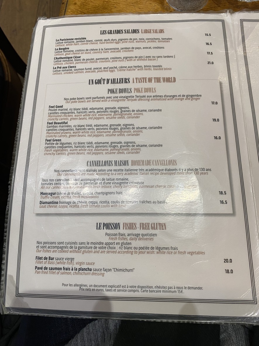 Le Pré aux Clercs menu 2