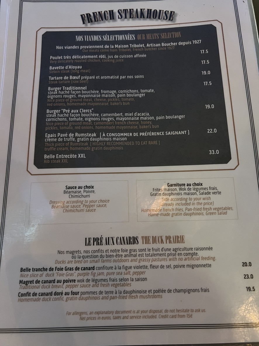 Le Pré aux Clercs menu 3