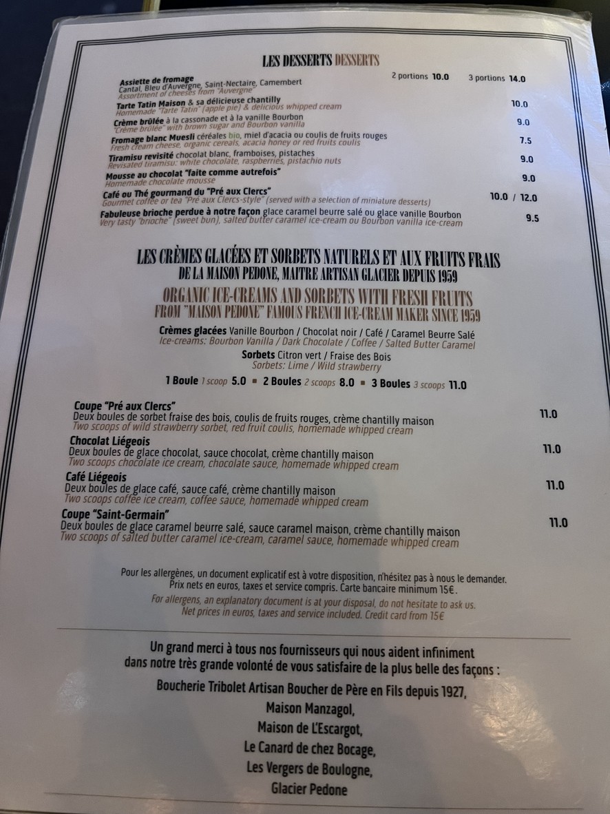 Le Pré aux Clercs menu 4