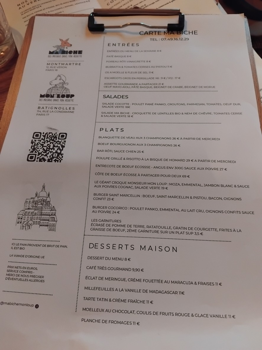 Ma Biche menu 1