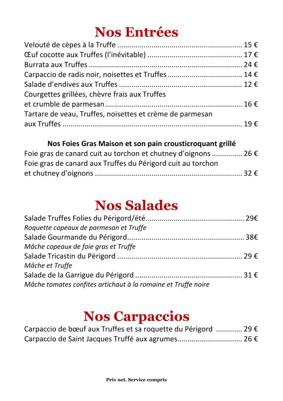 Truffes Folies menu 1