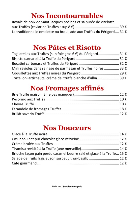 Truffes Folies menu 2