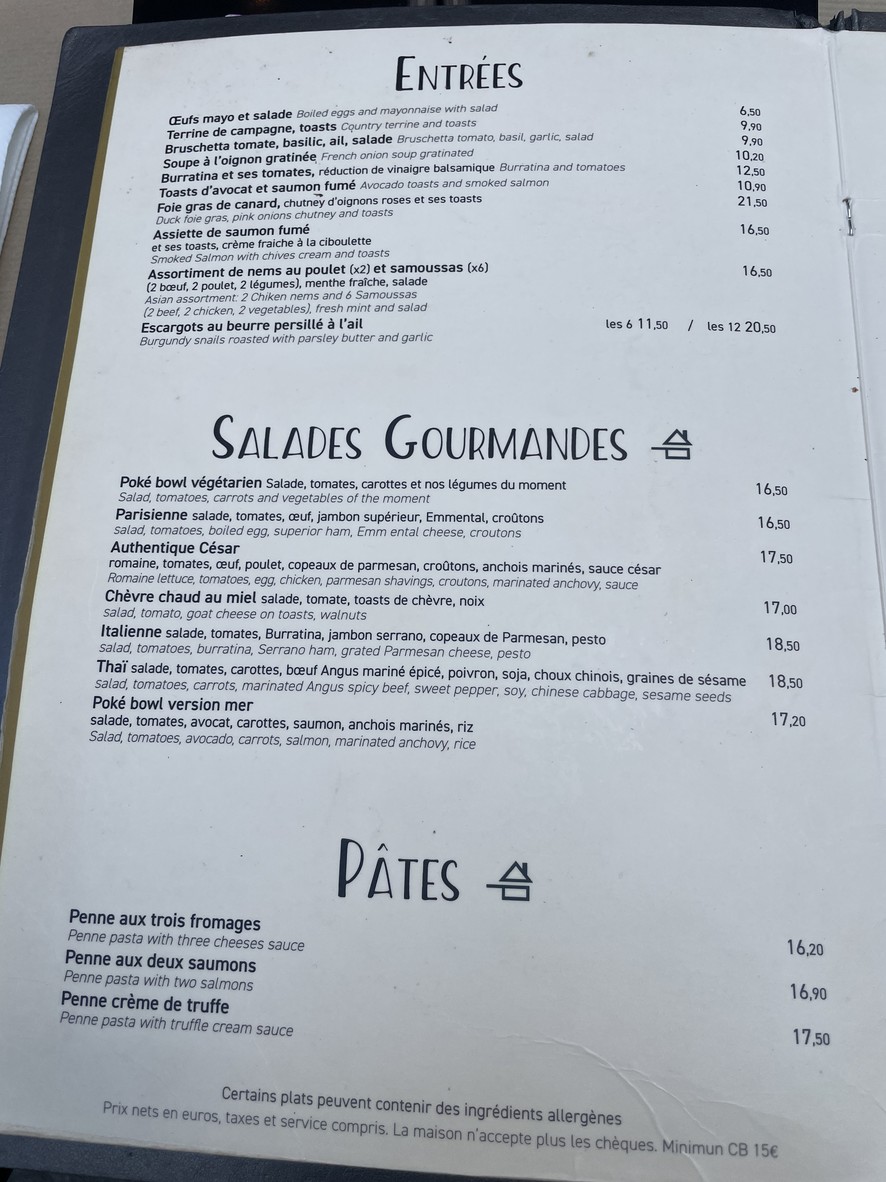 Le Zinc d'Honoré menu 1