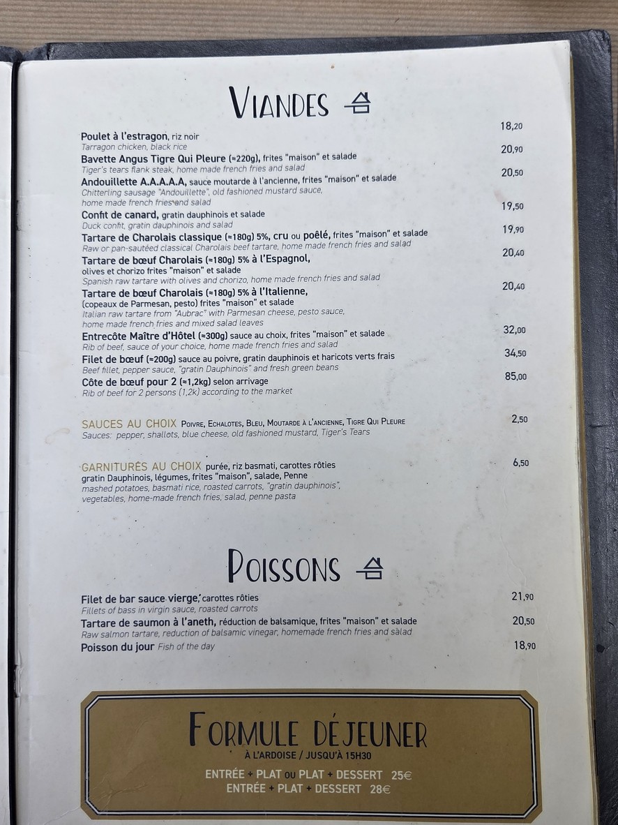 Le Zinc d'Honoré menu 2