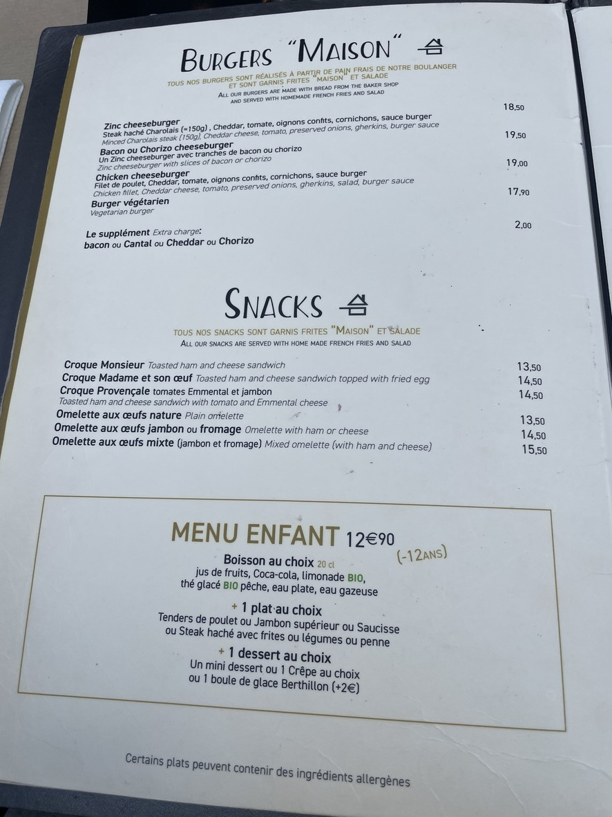 Le Zinc d'Honoré menu 3