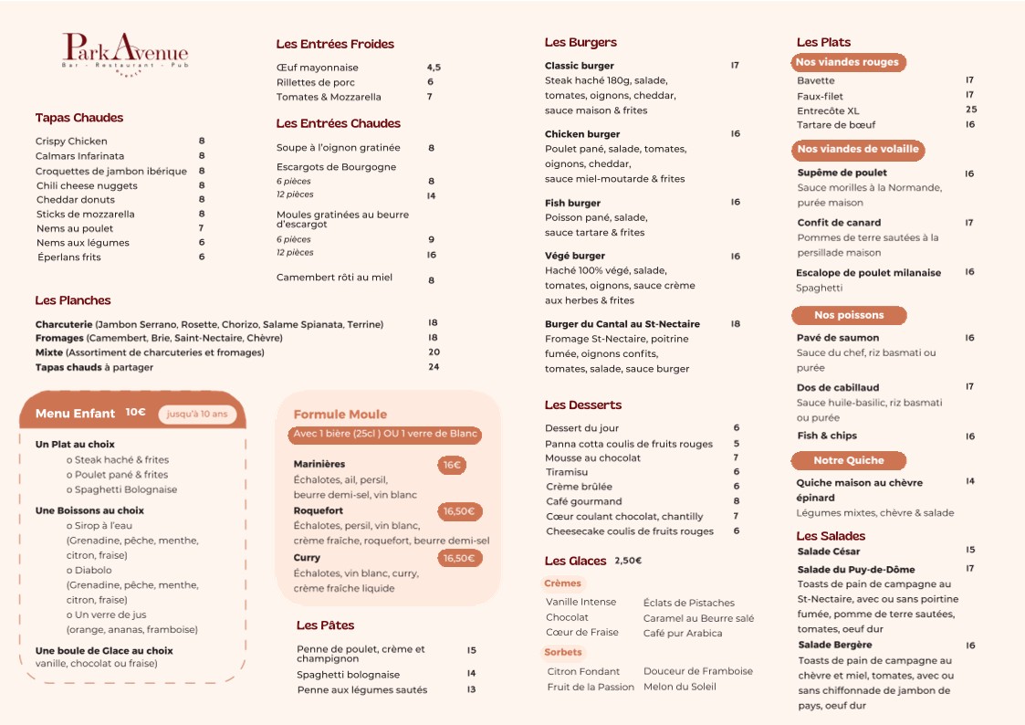 Park Avenue menu 2