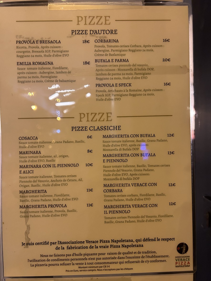 Guillaume Grasso La Vera Pizza Napoletana menu 2