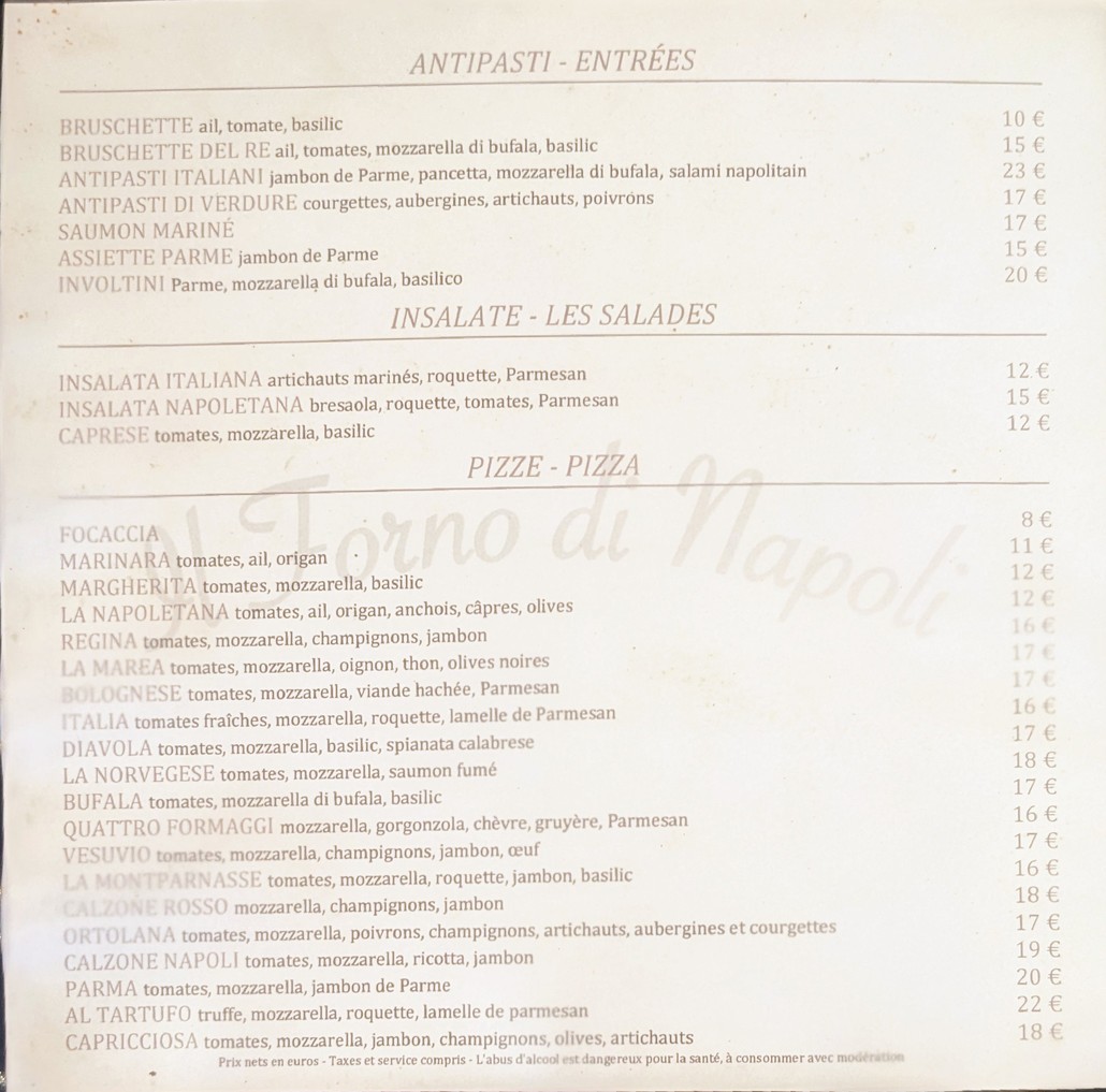 Restaurant Il Forno Di Napoli Montparnasse Paris menu 1