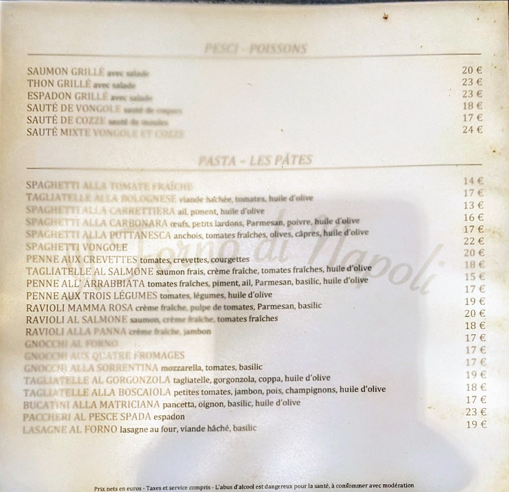 Restaurant Il Forno Di Napoli Montparnasse Paris menu 2