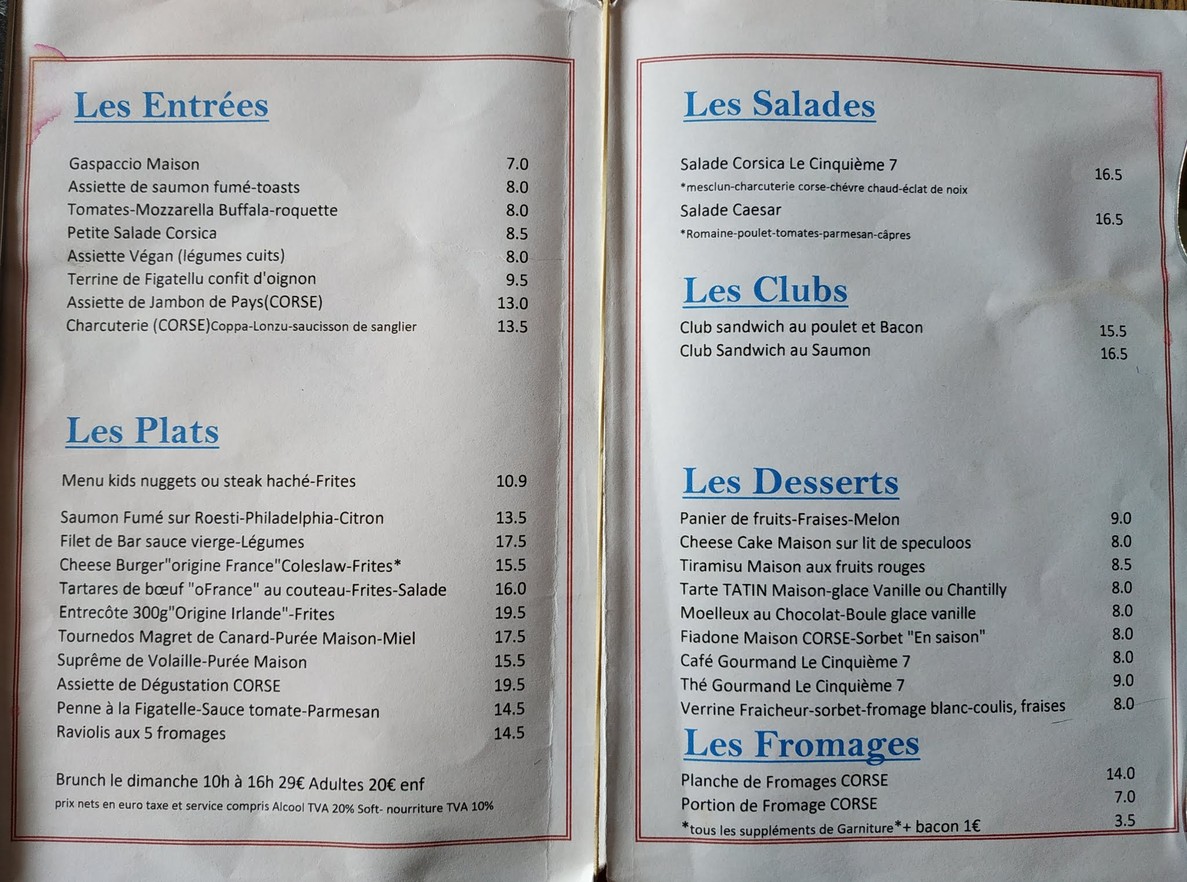 le Cinquième 7 menu 1