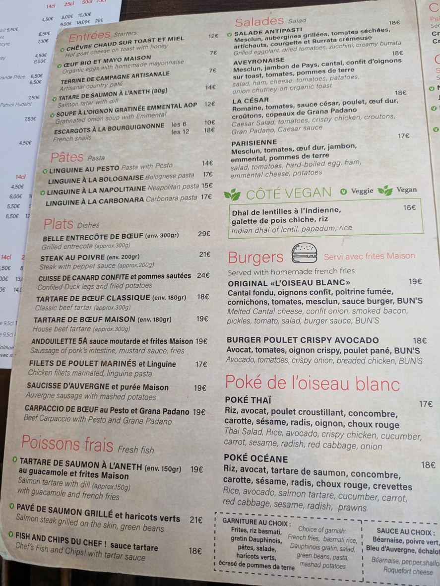 L'Oiseau Blanc menu 1