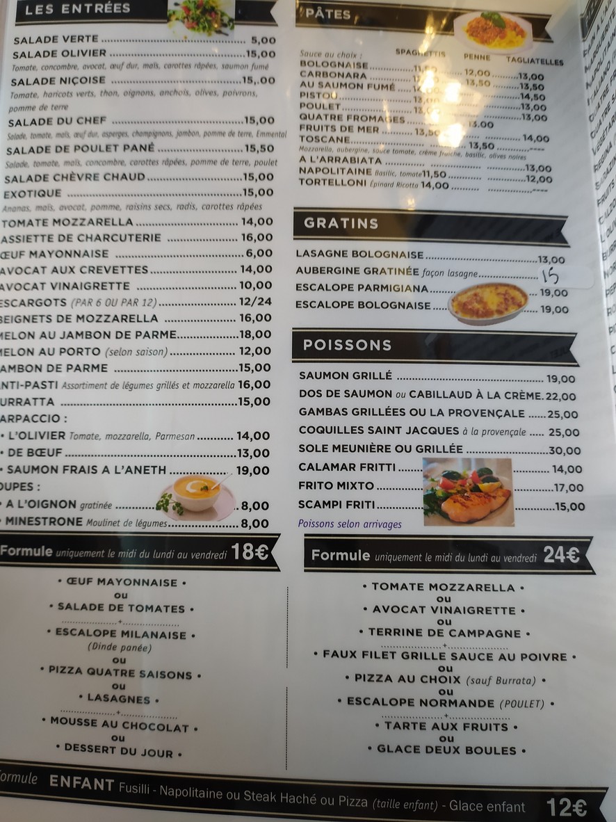 Pizzas L'Olivier menu 1