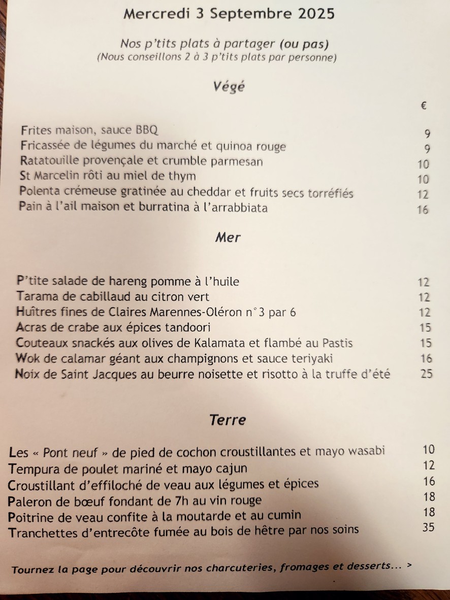 La P'tite Vadrouille menu 1