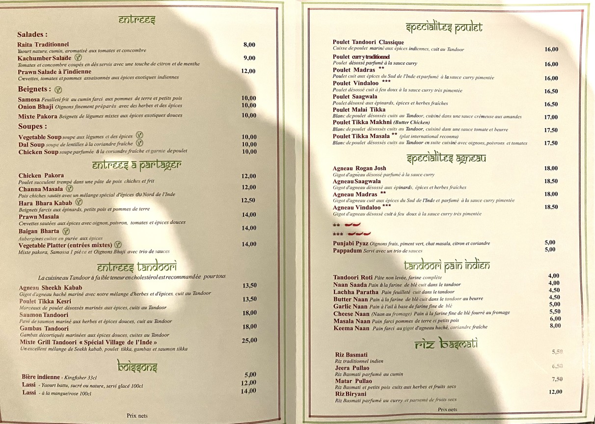Village de l’Inde menu 1