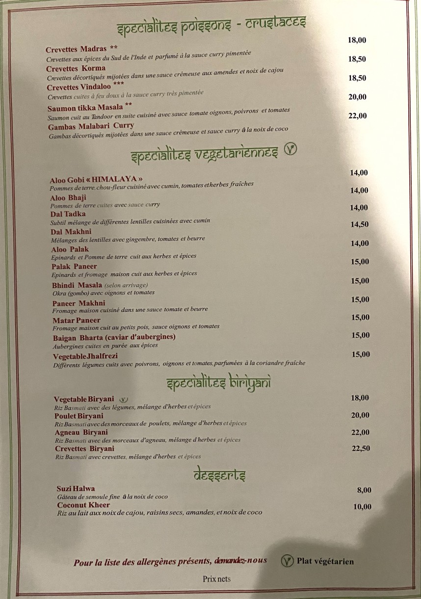 Village de l’Inde menu 2