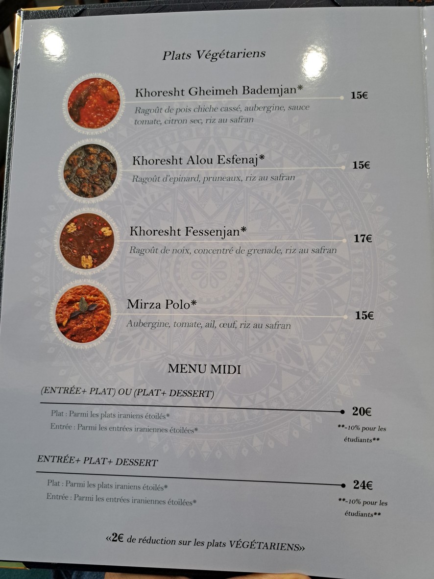 Le Palais de la Perse menu 3
