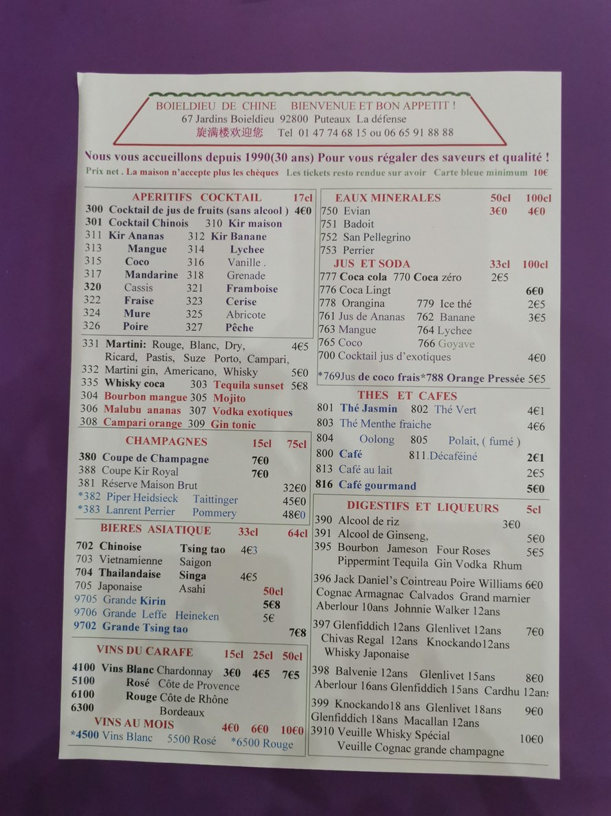 Boieldieu de Chine menu 1