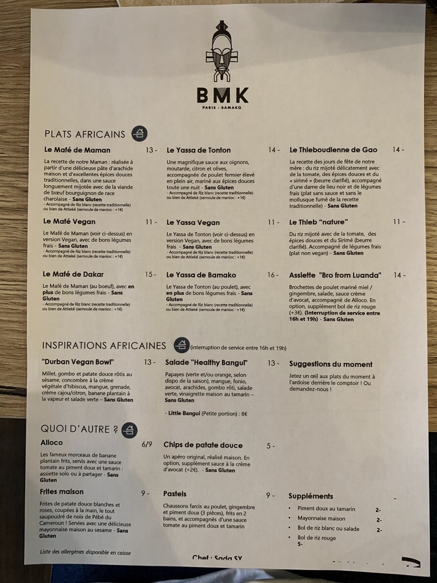 BMK Paris-Bamako menu 1