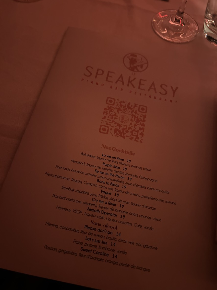 Le Speakeasy Paris, Restaurante y Club Festivo, Discoteca Nocturna, Local Nocturno, Piano Club y Música en Vivo menu 1