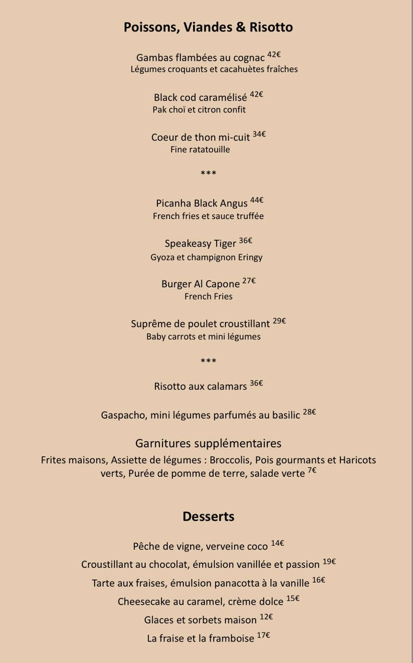Le Speakeasy Paris, Restaurante y Club Festivo, Discoteca Nocturna, Local Nocturno, Piano Club y Música en Vivo menu 7