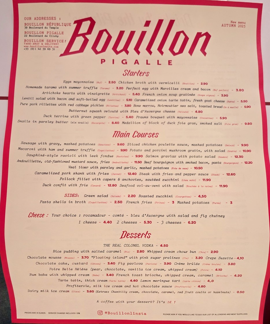 Bouillon Pigalle menu 1